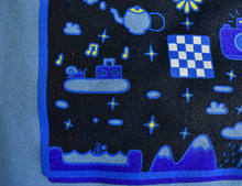 Load image into Gallery viewer, Close-up of the dreamy blue and gold graphic print on SLEEPY.DESIGN's Where Am I hoodie