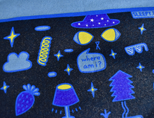 Load image into Gallery viewer, Close-up of the dreamy blue and gold graphic print on SLEEPY.DESIGN's Where Am I hoodie