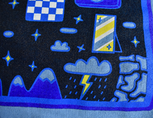 Load image into Gallery viewer, Close-up of the dreamy blue and gold graphic print on SLEEPY.DESIGN's Where Am I hoodie