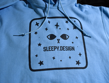 Load image into Gallery viewer, SLEEPY.DESIGN Where Am I graphic hoodie in blue and gold with surrealist all-over print
