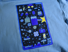 Load image into Gallery viewer, Back of the Where Am I hoodie showing stars, mushrooms, maze, and mountain graphic print

