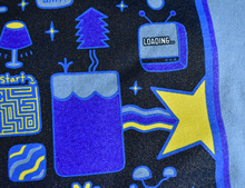 Load image into Gallery viewer, Textured fabric with blue and yellow graphics including a star, maze, and loading screen.
