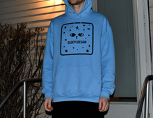 Load image into Gallery viewer, SLEEPY.DESIGN Where Am I graphic hoodie in blue and gold with surrealist all-over print
