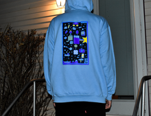 Load image into Gallery viewer, Back of the Where Am I hoodie showing stars, mushrooms, maze, and mountain graphic print
